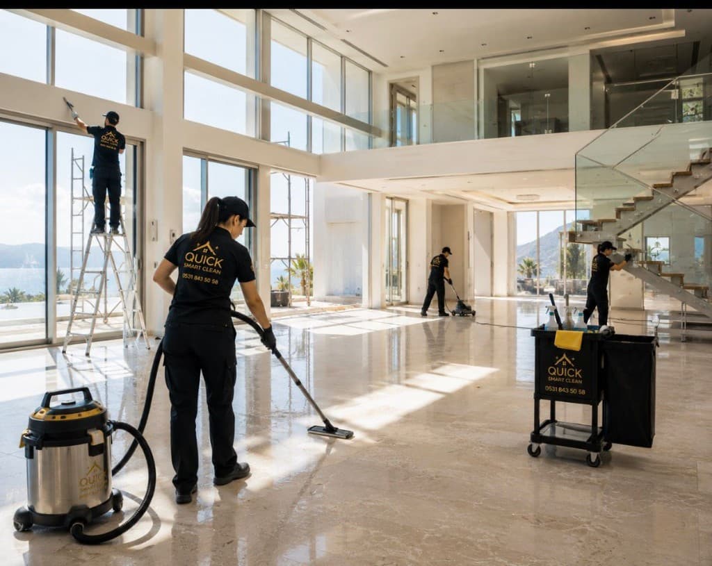Quick Smart Clean ekibi yeni tamamlanan villada inşaat sonrası temizlik yapıyor